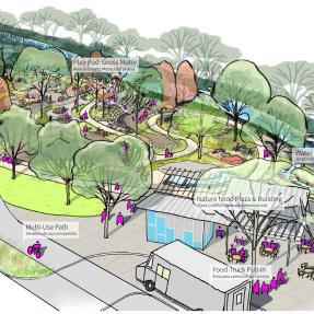 Drawing showing future renovation of Primos Park from Violet Ave looking into the new food truck pull-out, plaza and nature play area.
