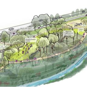 Drawing showing future renovation of Primos Park from north side of the park looking towards the existing large cottonwood tree in the center of the site and planned small amphitheater.