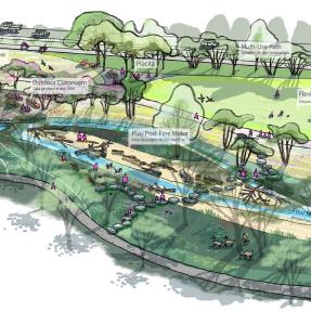 Drawing showing future renovation of west end of Primos Park from north side with a meadow, lawn and braided stream area.