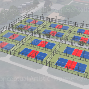 Conceptual Artistic Representation of 12 Outdoor Pickleball Courts Located at Tom Watson Park