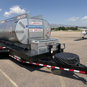Large unleaded avgas tank mounted on a trailer