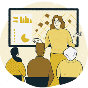 Illustration of person in front of screen with graphs on it while others look on.