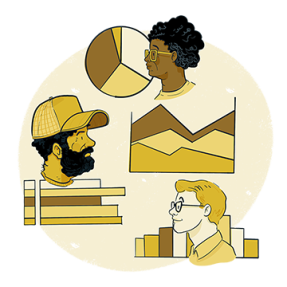 Illustration of people with graphs around them.