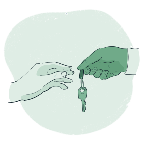 Illustration of one hand handing another hand a key. 