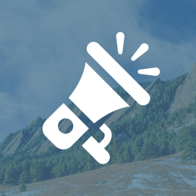 city of boulder logo and megaphone graphic over the flatirons