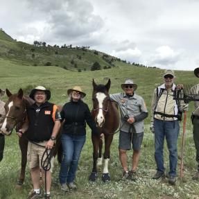 A group of people standing at the base of a green mountain two horses.